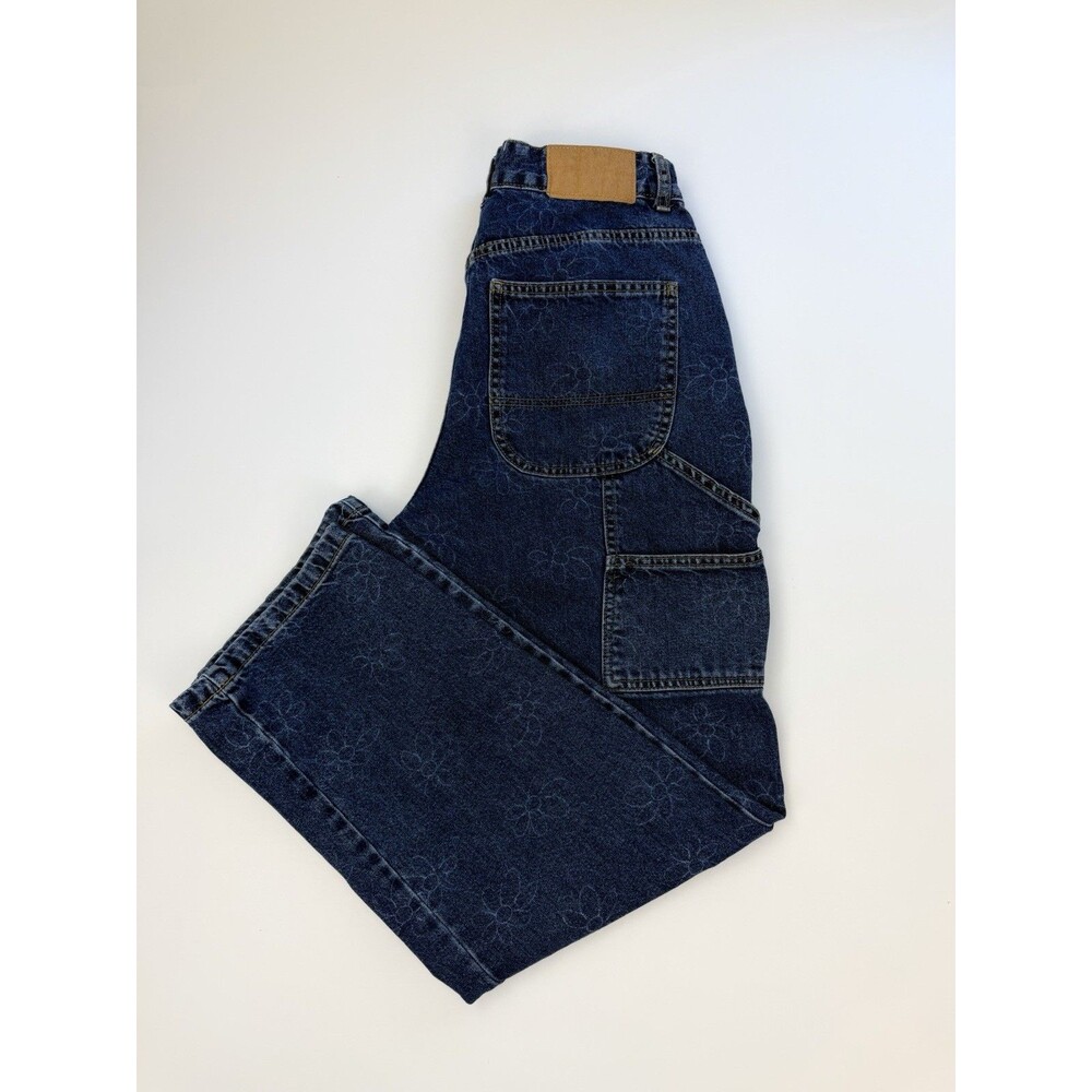 Cotton On Floral Carpenter Jeans Size 8 Blue Wide Leg Cargo Pants High Rise - Picture 4 of 13
